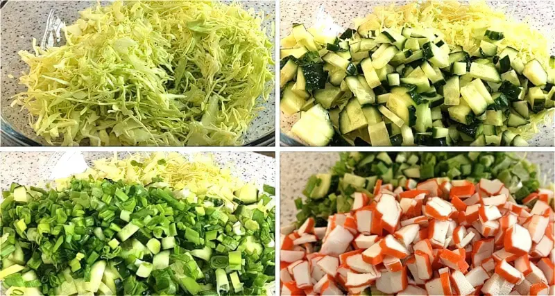 нарізаємо капусту, огірки, зелену цибулю і крабові палички